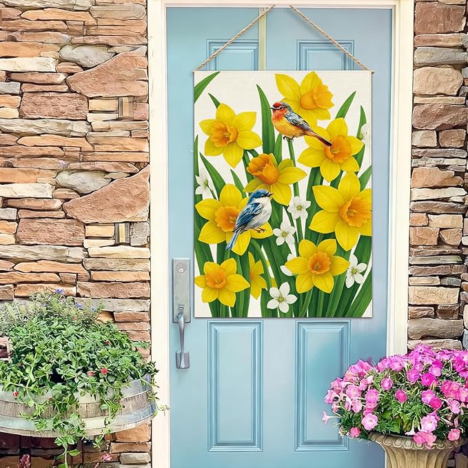 Baccessor Spring Summer Daffodils Garden Flag 12.5 x 18 Inch Double Sided Burlap Bluebirds Yellow Flower Green Leaf Farmhouse Small Yard Flag Summer Holiday Seasonal Outdoor Outside Decoration