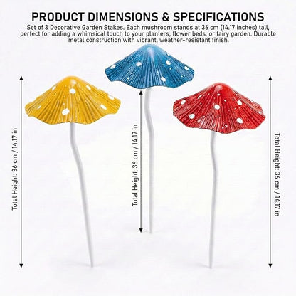 Metal Mushroom Garden Stakes Set of 3, Rust-Free Heavy Duty Metal Yard Art Decor, Whimsical Toadstool Lawn Ornaments for Fairy Garden, Flower Bed Edging, Patio & Planter Pot (No Assembly Needed)