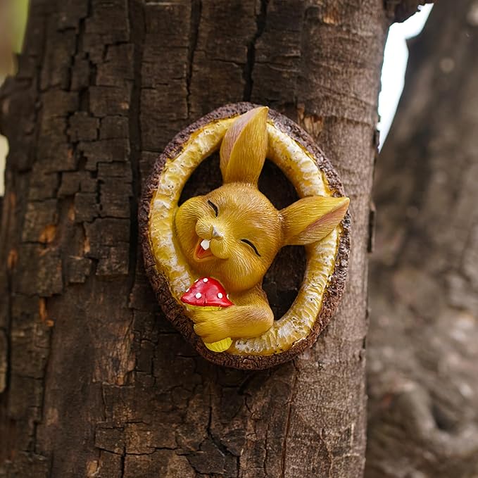 Garden Bunny Sculpture, Decorative Smiling Rabbit Tree Log Statue with Mushroom, Indoor Outdoor Resin Art Decor