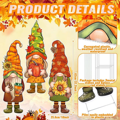 Umigy 3 Pcs Thanksgiving Yard Decor Cute Fall Autumn Gnome Yard Sign with Stakes 32 x 10 Inch Gnome Outdoor Lawn Decor, Outside Thanksgiving Garden Decoration for Home Pathway Walkway