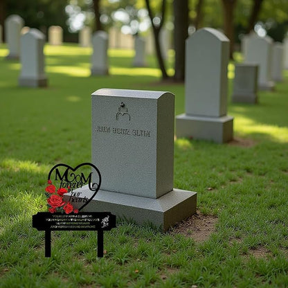 AIM & GGKK Metal Memorial Grave Marker for Mom - Heart Shaped Cemetery Decoration with Roses, Forever in Our Hearts Verse - 12.2" Tall Garden Stake for Gravesite