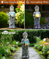 Nacome Solar Buddha Garden Statue Decor: Resin Zen Decor Waterproof Sitting Figurine with Lotus Flower Light Design for Outside Patio Lawn Yard Balcony - 11 inches(Gray)