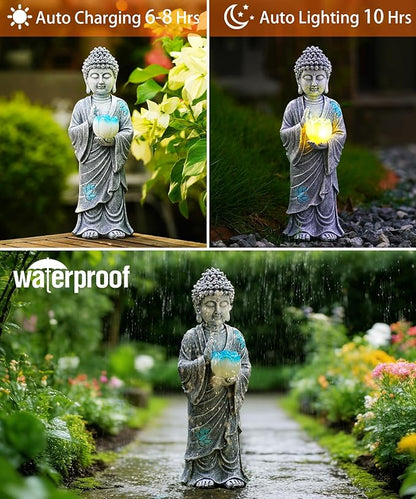 Nacome Solar Buddha Garden Statue Decor: Resin Zen Decor Waterproof Sitting Figurine with Lotus Flower Light Design for Outside Patio Lawn Yard Balcony - 11 inches(Gray)