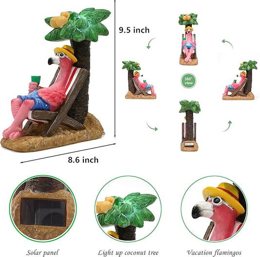 Pink Flamingos for Yard-Solar Garden Statues Gifts - Flamingos on Beach Vacation Light up Coconut Tree for Outdoor Lawn Yard Decor