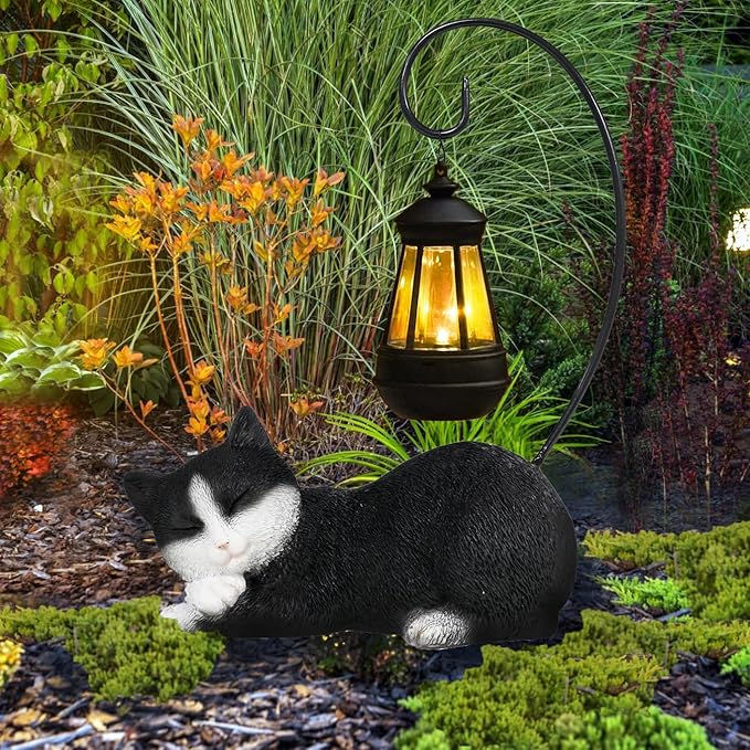 Solar Garden Statue with LED Lights - Cute Sleep Cat Sculpture, Waterproof Resin Ornament for Lawn, Patio, Yard, Balcony & Home Decor, Solar Powered Light for Outdoor and Indoor Spaces