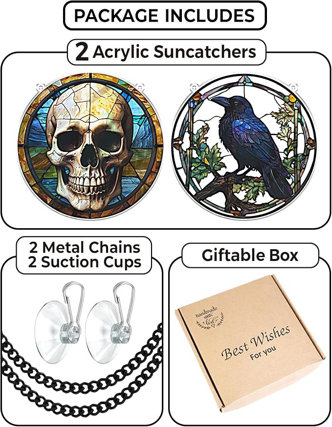 2 Halloween Raven Skull Acrylic Window Hanging 6" Ornaments, Art Gothic Decor for Home, Indoor, Garden, Housewarming, Gift for Mom, Grandma, Women, Friend SCB-A6-GT1