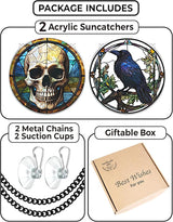 2 Halloween Raven Skull Acrylic Window Hanging 6" Ornaments, Art Gothic Decor for Home, Indoor, Garden, Housewarming, Gift for Mom, Grandma, Women, Friend SCB-A6-GT1