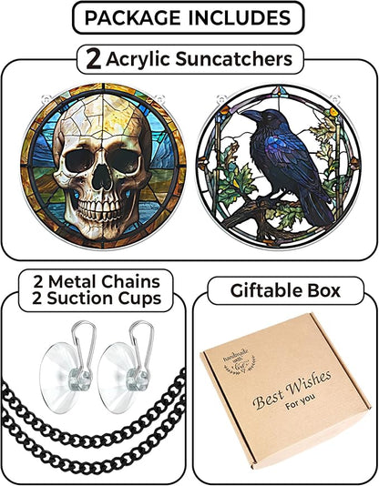 2 Halloween Raven Skull Acrylic Window Hanging 6" Ornaments, Art Gothic Decor for Home, Indoor, Garden, Housewarming, Gift for Mom, Grandma, Women, Friend SCB-A6-GT1