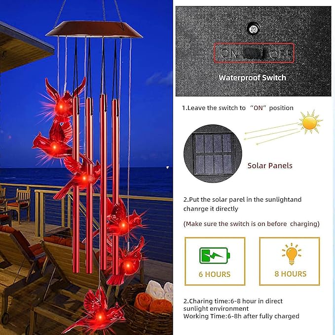 Cardinal Solar Wind Chimes for Outside, Solar Powered Chime Light, Cardinal Wind Chimes for Loss of Loved One,LED Windchimes Outdoor Cardinal Gifts for Home Garden Decor