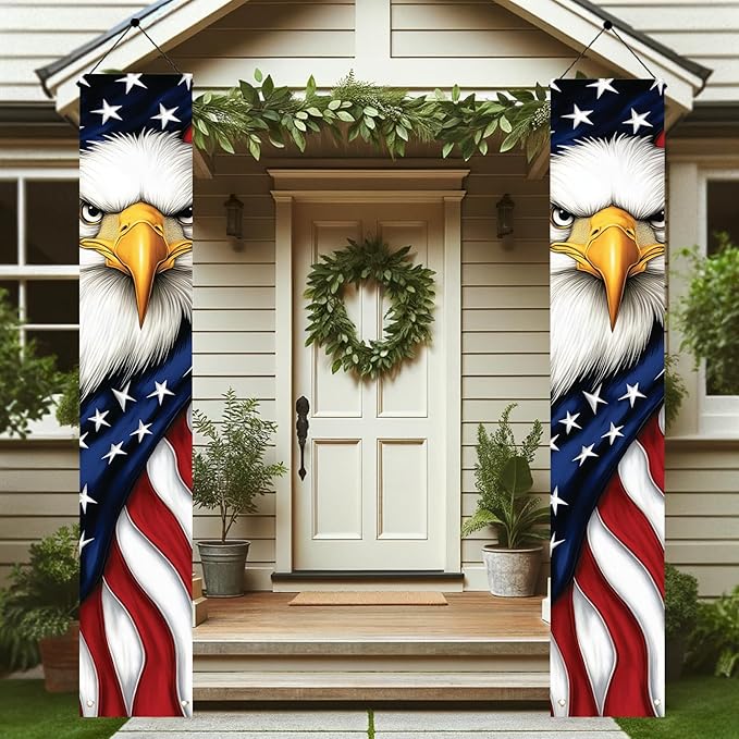 Patriotic Eagle Porch Banners 71x12 Inch American Flag Independence Day Outdoor Decorations Bald Eagle Hanging Porch Signs 4th of July Memorial Day Veterans Day Home Decor