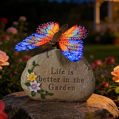 Solar LED Butterfly Garden Statue with Sparkling Light-Up Wings - Outdoor Yard Patio Decor Figurine, for Women Mom Grandma (Orange)