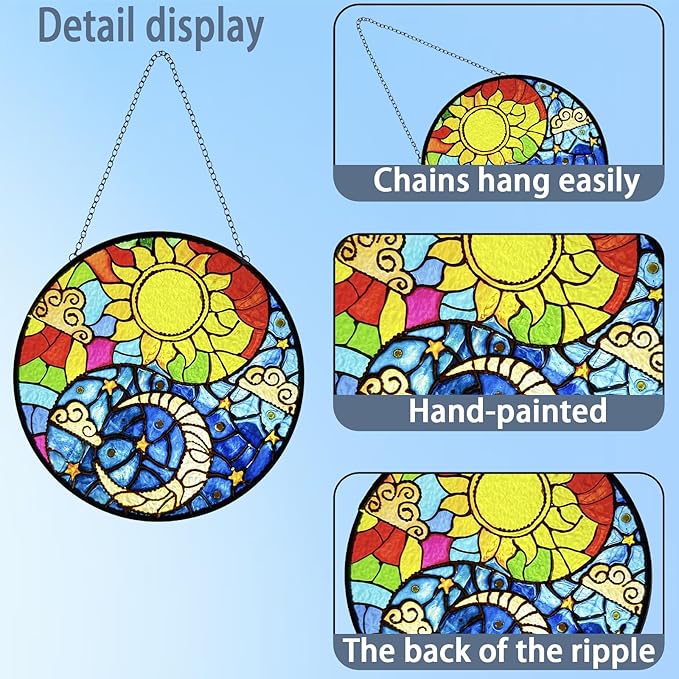 Suncatcher Indoor/Outdoor Stained Glass Window Hanging - Sun and Moon Handmade Stained Glass Suncatchers Hanging with Hook and Chain - Decoration for Home Garden Christmas Wedding Housewarming Gifts