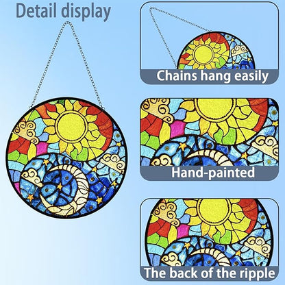 Suncatcher Indoor/Outdoor Stained Glass Window Hanging - Sun and Moon Handmade Stained Glass Suncatchers Hanging with Hook and Chain - Decoration for Home Garden Christmas Wedding Housewarming Gifts