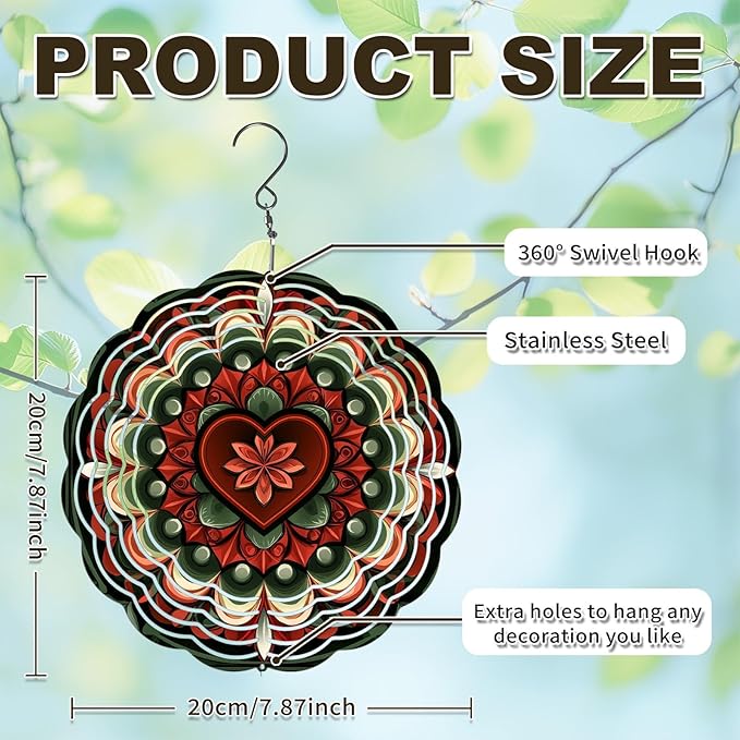 Green Mandala Wind Spinners Outdoor, Hanging Wind Spinner for Garden Decoration, 8 inch 3D Stainless Steel Metal Wind Sculpture for Indoor/Outdoor Decor