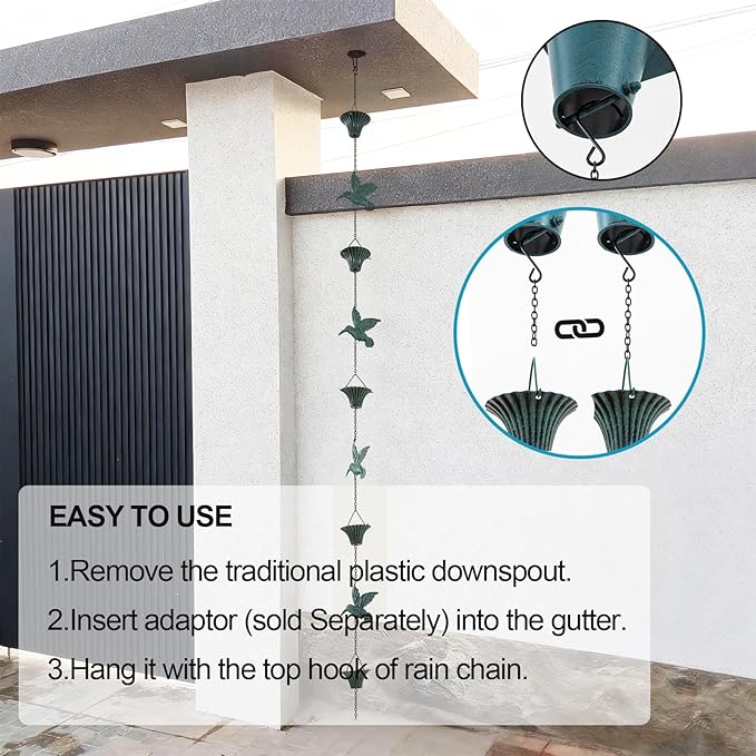 8.5FT Rain Chain for Gutters, Rain Chains for Outside with 7 Cups + 7 Birds, Rustproof Rain Catcher Chain, Replacement for Downspout (Blue Bird)