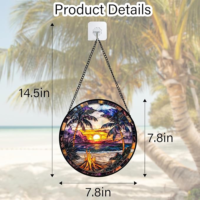 DASTOLL Stained Glass Window Hanging,Bonfire Beach Landscape Suncatcher Diamond Glass Panel Sun Catchers Decor for Birthday for Women, Men, Wife, Aunt, and Mom 7.8 in