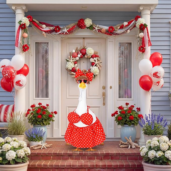 Abbylike 1 Set Summer Bikini Porch Goose Outfit Red Polka Dot Bikini Yard Goose Hawaiian Clothes with Sunglasses and Wigs Fits Large 23'' H Cement for Outdoor Garden Patio Pathway Statue Art Decor