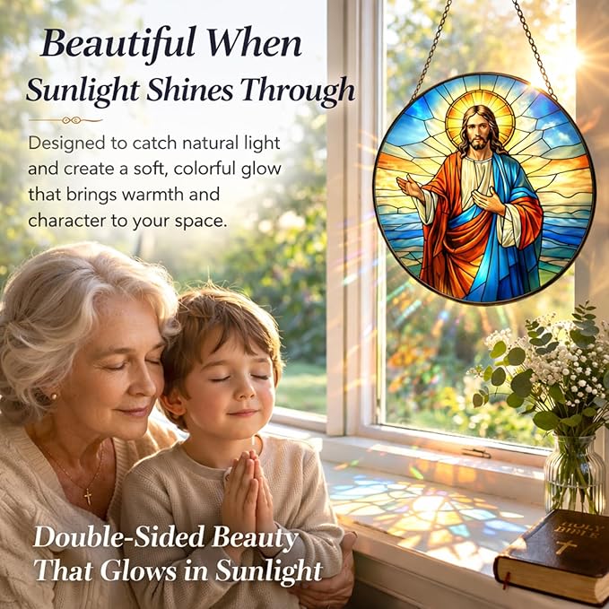 Jesus Suncatcher Window Hanging, 7.8" Stained Glass Christian Faith Gift for Mom and Grandma, Inspirational Religious Decor for Window, Prayer Room, Sunroom, Office