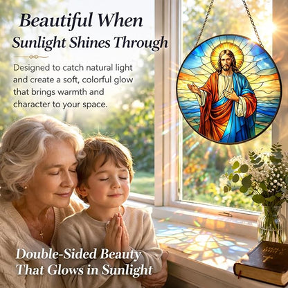 Jesus Suncatcher Window Hanging, 7.8" Stained Glass Christian Faith Gift for Mom and Grandma, Inspirational Religious Decor for Window, Prayer Room, Sunroom, Office