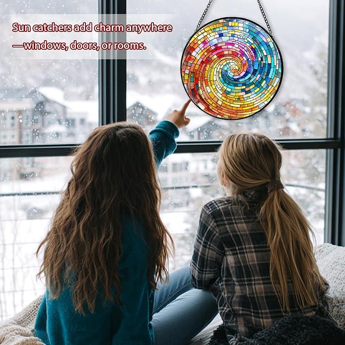 Rainbow Spiral Stained Glass, Suncatcher for Window Hanging, Decoration for Window Sun Catcher Wall Art for Mom Grandma, Gifts for Rainbow Lovers, for Home Yard Office Decor