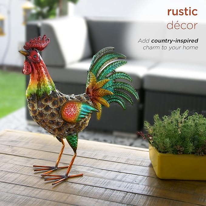 Alpine Corporation 16" Tall Outdoor Metallic Rooster Standing Yard Statue Decoration, Turquoise