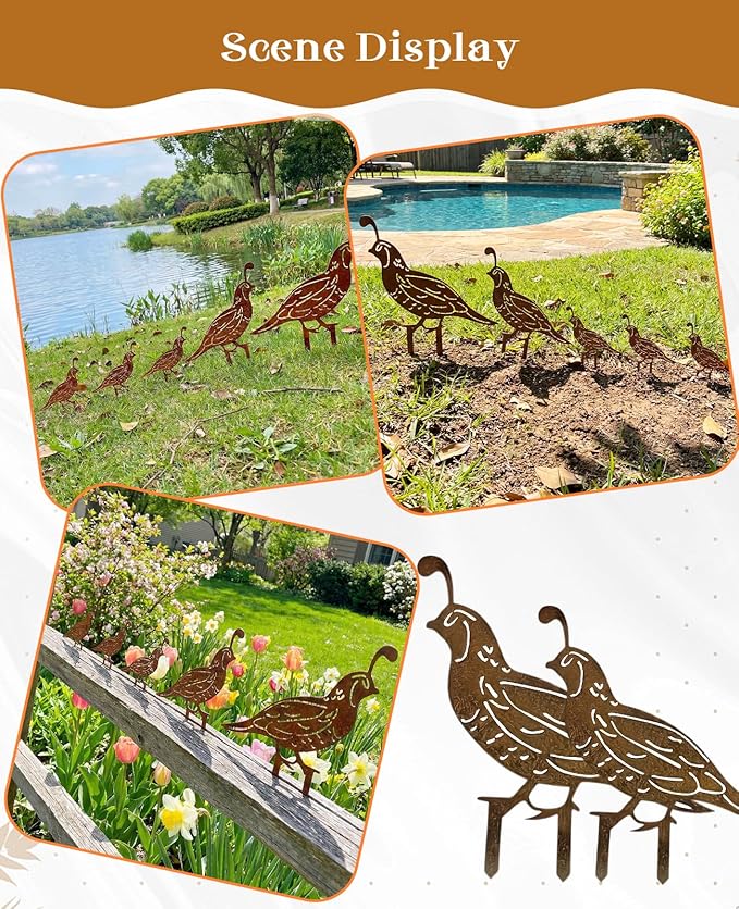 5PCS Metal Quail Yard Art Decor Stakes, Decorative Garden Stakes, Outdoor Clearance Large Rusty Metal Bird Animal Statues for Lawn Art