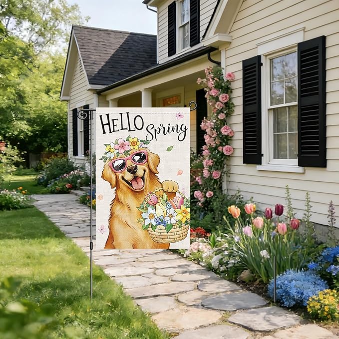 Heyfibro Hello Spring Golden Retriever Garden Flag 12x18 Inch Double Sided Spring Flowers Garden Flag Small House Flags for Outside Yard Farmhouse Holiday Seasonal Outdoor Decorations