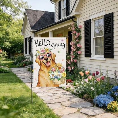 Heyfibro Hello Spring Golden Retriever Garden Flag 12x18 Inch Double Sided Spring Flowers Garden Flag Small House Flags for Outside Yard Farmhouse Holiday Seasonal Outdoor Decorations