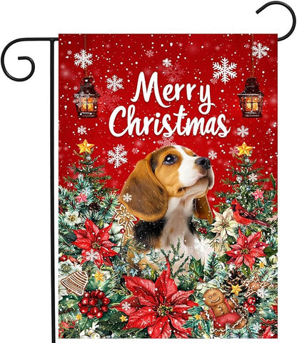 Christmas Beagle Garden Flag Merry Christmas Dog Yard Flag for Outside Xmas Flags 12x18 Double Sided Red Poinsettia Garden Flags Winter Porch Decorations Outdoor