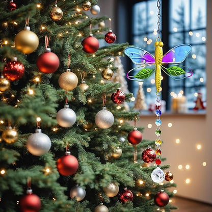 14'' Dragonfly Decor Stained Glass Suncatcher for Windows Hanging Crystal Sun Catcher Prism Rainbow Maker Pendant Ornament for Christmas Tree