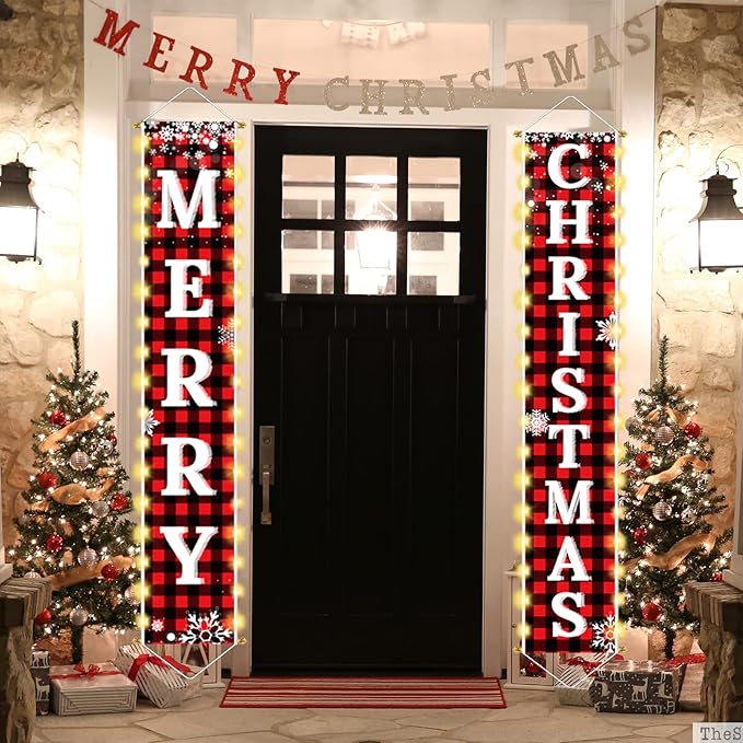 Ivenf Christmas Decorations Outdoor Yard, Outside Front Porch Sign Set with Lights, Red Black Buffalo Plaid Xmas Door Decorations, Hanging Banner for Home Decor Wall Front Door Yard Garage