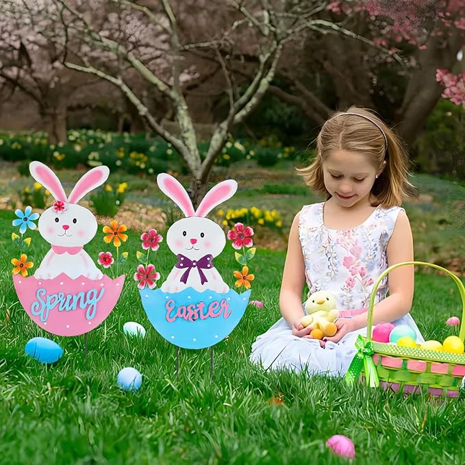 2 Pack Easter Rabbit Outdoor Decor - Spring Bunny Yard Signs with 3D Letters Metal Easter Bunny Lawn Stakes for Garden Pathway Easter Party Decor