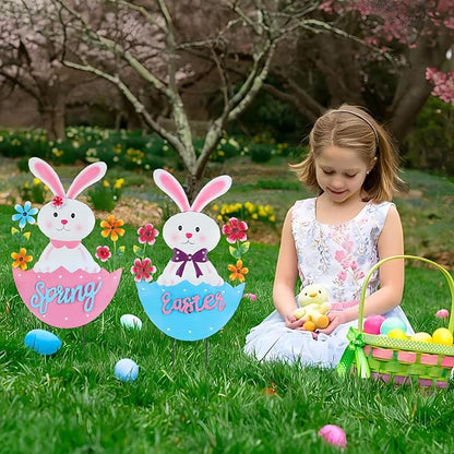 2 Pack Easter Rabbit Outdoor Decor - Spring Bunny Yard Signs with 3D Letters Metal Easter Bunny Lawn Stakes for Garden Pathway Easter Party Decor