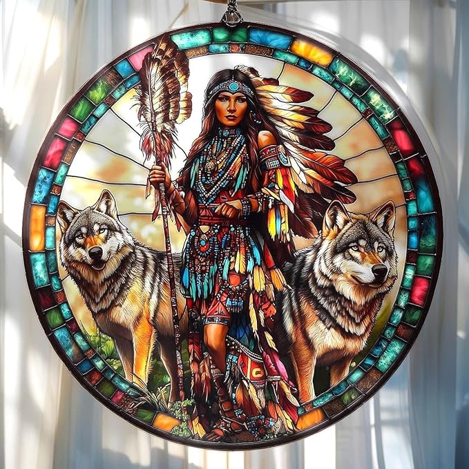 Native American Acrylic Suncatcher Indoor Colorful Window Hanging Ornament Outdoor Sun Catcher Panel for Home Decor Car Garden Crystal Gift with Wolves Suncatcher