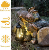 Solar Rabbit Garden Statue with LED Lantern - Outdoor Resin Animal Sculpture, Solar-Powered Waterproof Lawn Decor for Patio, Yard, Porch, Charming Easter Decor for Home & Garden (Bronze)