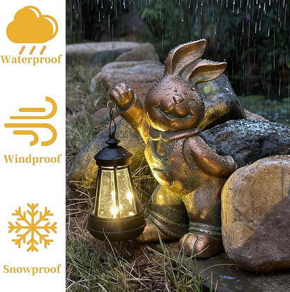 Solar Rabbit Garden Statue with LED Lantern - Outdoor Resin Animal Sculpture, Solar-Powered Waterproof Lawn Decor for Patio, Yard, Porch, Charming Easter Decor for Home & Garden (Bronze)
