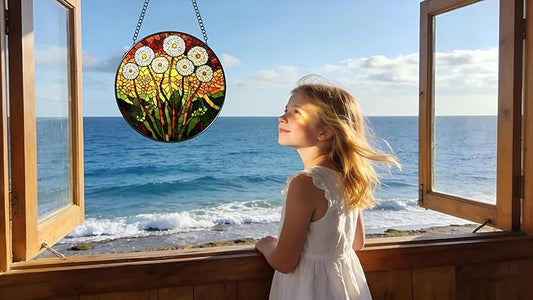 Stained Glass Window Hanging - Colorful Dandelion Pattern 6.3 Inches Suncatcher for Garden Home Decor for Women Mon Grandma Friends