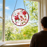 Stained Glass Window Hanging, Pink Flower Sun Catchers for Windows Hanging Ornaments, Garden Sun Catcher Panel Gifts for Flower Lover for Women, Mom, Grandma