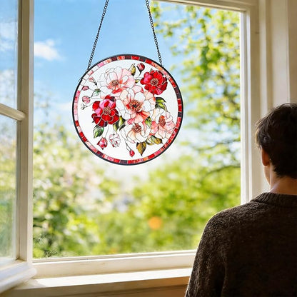 Stained Glass Window Hanging, Pink Flower Sun Catchers for Windows Hanging Ornaments, Garden Sun Catcher Panel Gifts for Flower Lover for Women, Mom, Grandma
