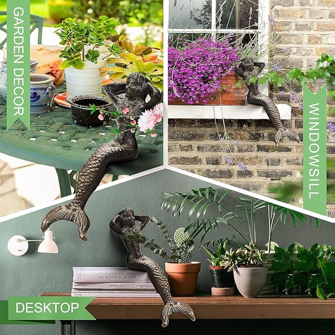 Sungmor Heavy Duty Cast Iron Mermaid Statue - 26CM Tall Sitting Mermaid Figure Ornament - Great Home & Garden Sculpture for Decorate Swimming Pool/Pond/Planter Stands/Book Shelf/Corner Table
