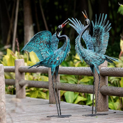 Natelf Garden Crane Sculptures & Statues, Blue Heron Decor Outdoor Large Bird Yard Art, Standing Metal Herons Lawn Ornaments for Home Patio Porch Backyard Decorations(Set of 2)