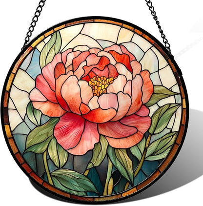 Stained Glass Window Hanging - Pink Peony Floral Suncatcher for Door Garden Yard Birth Flower Sun Catchers Decor Christmas Mother's Day Birthday Gifts for Women Mom Nana Wife Teacher 6.3 in