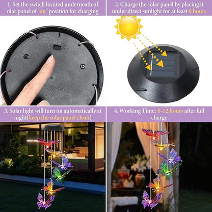 Colorful Solar Butterfly Wind Chimes for Outside Birthday Gifts for Mom Women Changing Waterproof Lights LED Wind Chime Outdoor Decor for Garden Lawn Patio Yard