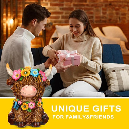 Colingmill Highland Cow Resin Figurine Highland Cow Statue Christmas Outdoor Decor with Flower for Patio, Yard, Gift for Mom, Calf Gnome Herd Lovers (Classic)