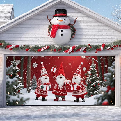 IVN Christmas Garage Door Cover Decoration 13x6ft Three Santas Gnome Red Gift Tree Snowy Trees Merry Christmas Garage Door Banner Home Door Front Yard Decor for Xmas Eve Holiday Outdoor