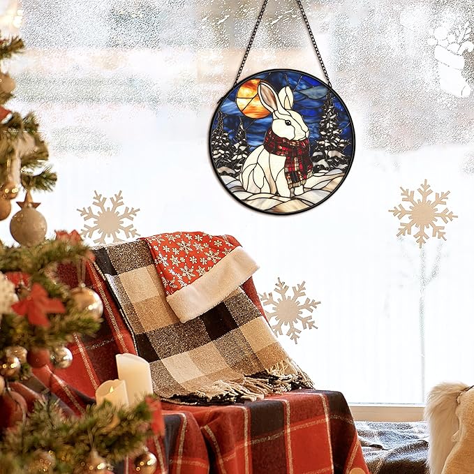 Winter Christmas Bunny Suncatcher Stained Glass Window Hanging Decorstions, Nature Landscape Stained Glass Wall Decor, Winter Solstice Gifts, Forest Garden Lawn Sun Catchers Art, 7.9x7.9Inch