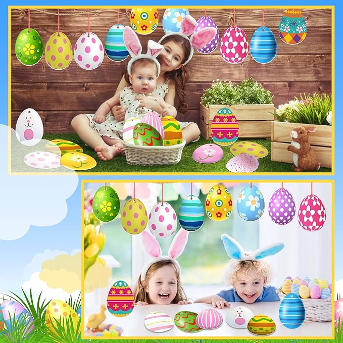 Rtteri 30 Pcs Easter Egg Outdoor Hanging Ornaments Colorful Double Sided Printing Tree Ornament Plastic Easter Egg Hanging Ornament for Porch Tree Yard Lawn Party