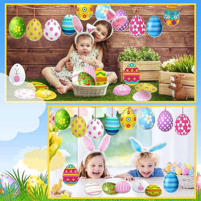 Rtteri 30 Pcs Easter Egg Outdoor Hanging Ornaments Colorful Double Sided Printing Tree Ornament Plastic Easter Egg Hanging Ornament for Porch Tree Yard Lawn Party