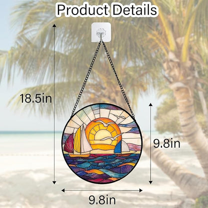 DASTOLL Stained Glass Window Hanging, Sailboat and Waves Suncatcher Diamond Glass Panel Hangings Sun Catchers Decor for Birthday for Women, Men, Wife, Aunt, and Mom 9.8 in