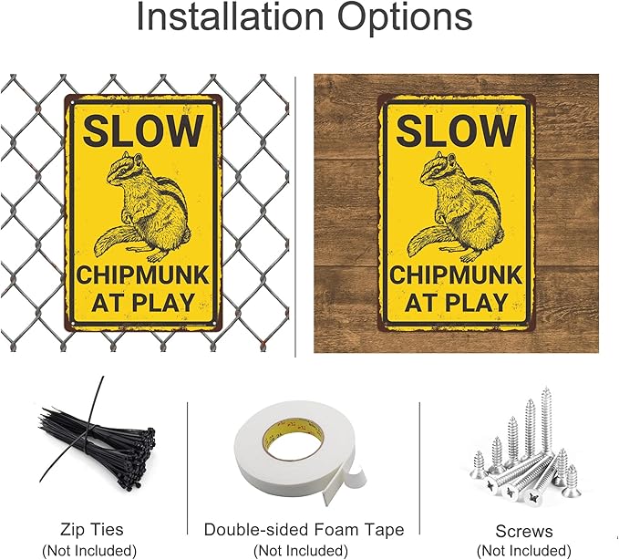 Slow Chipmunk at Play Aluminium Metal Sign, Chipmunk Decor, Chipmunk Gift, Vintage Animal Decor, Animal Warning Sign, Funny Wall Decor for Home Farmhouse Yard Garden, 8"x12" Indoor/Outdoor
